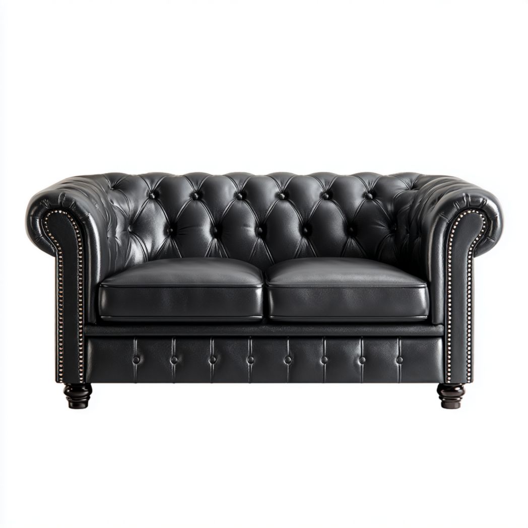 Canapé 2 places en cuir synthétique noir avec dossier capitonné, clous dorés et pieds brun foncé