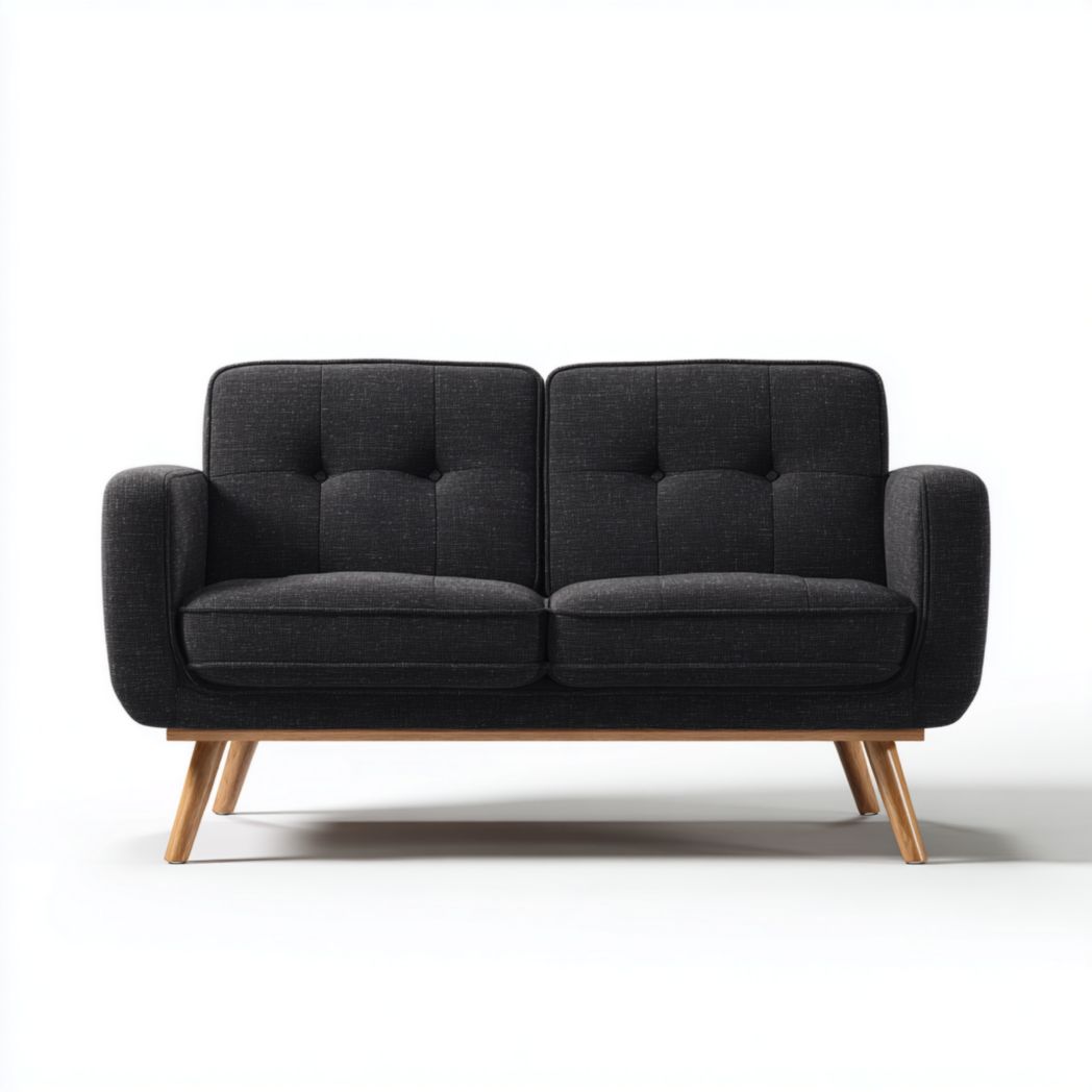 Canapé 2 places gris foncé en tissu polyester mélangé dossier à boutons pieds en bois brun clair