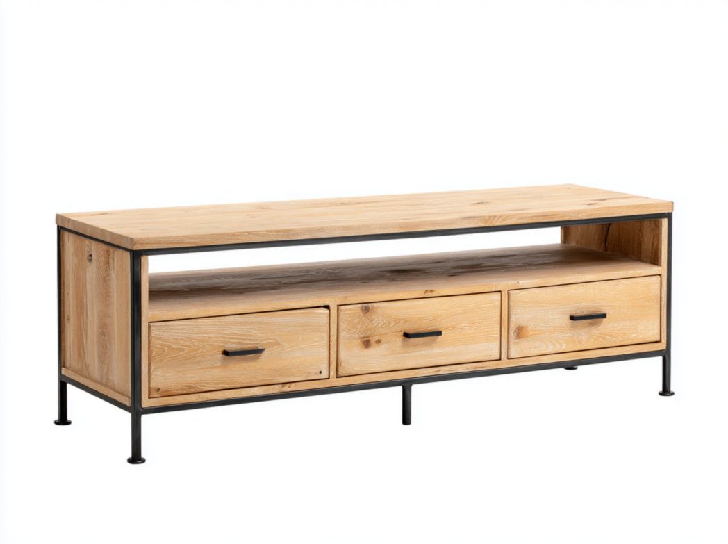 Meuble TV brun clair à trois tiroirs avec niche ouverte et structure en métal noir