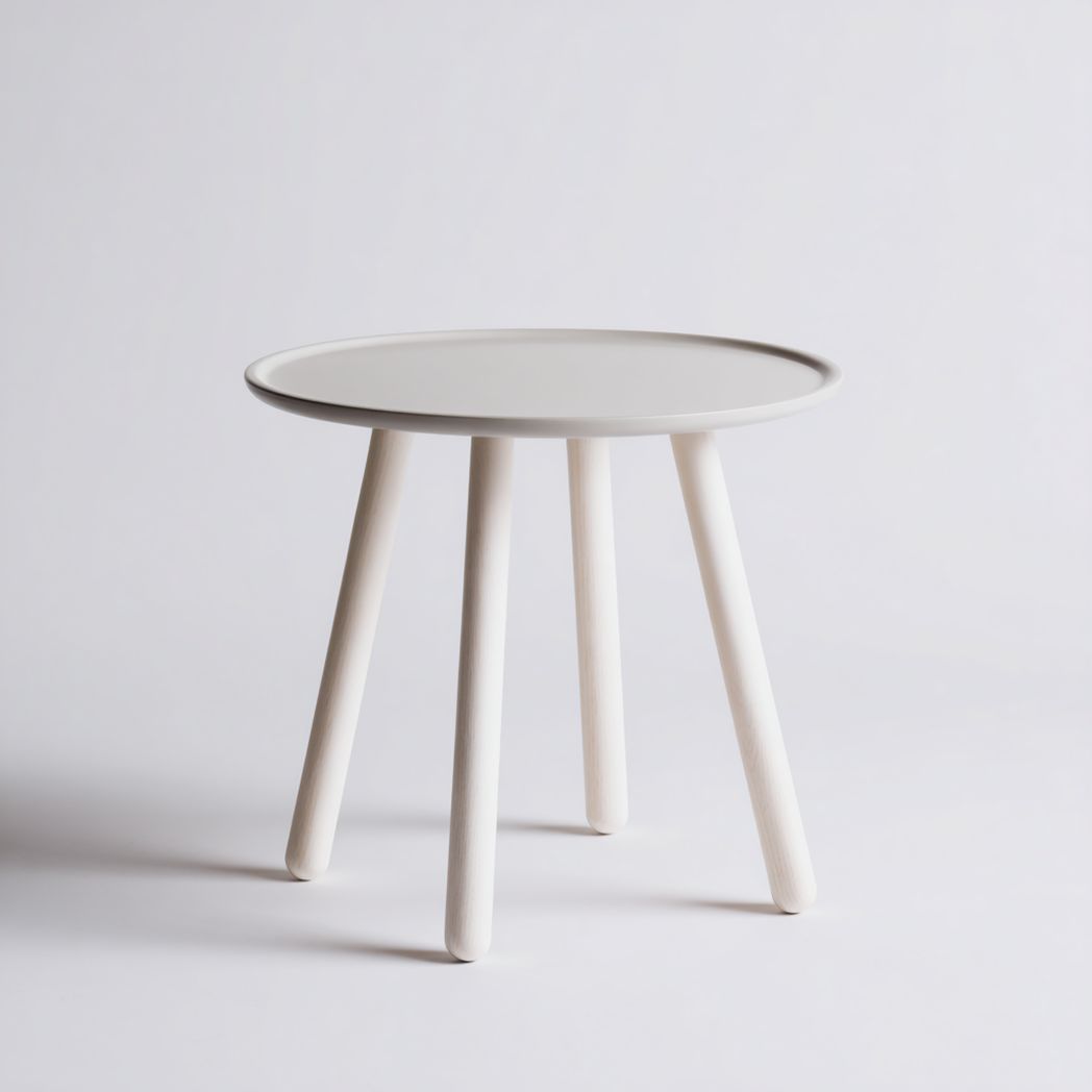 Table basse ronde en bois massif avec plateau gris beige et pieds blanc cassé