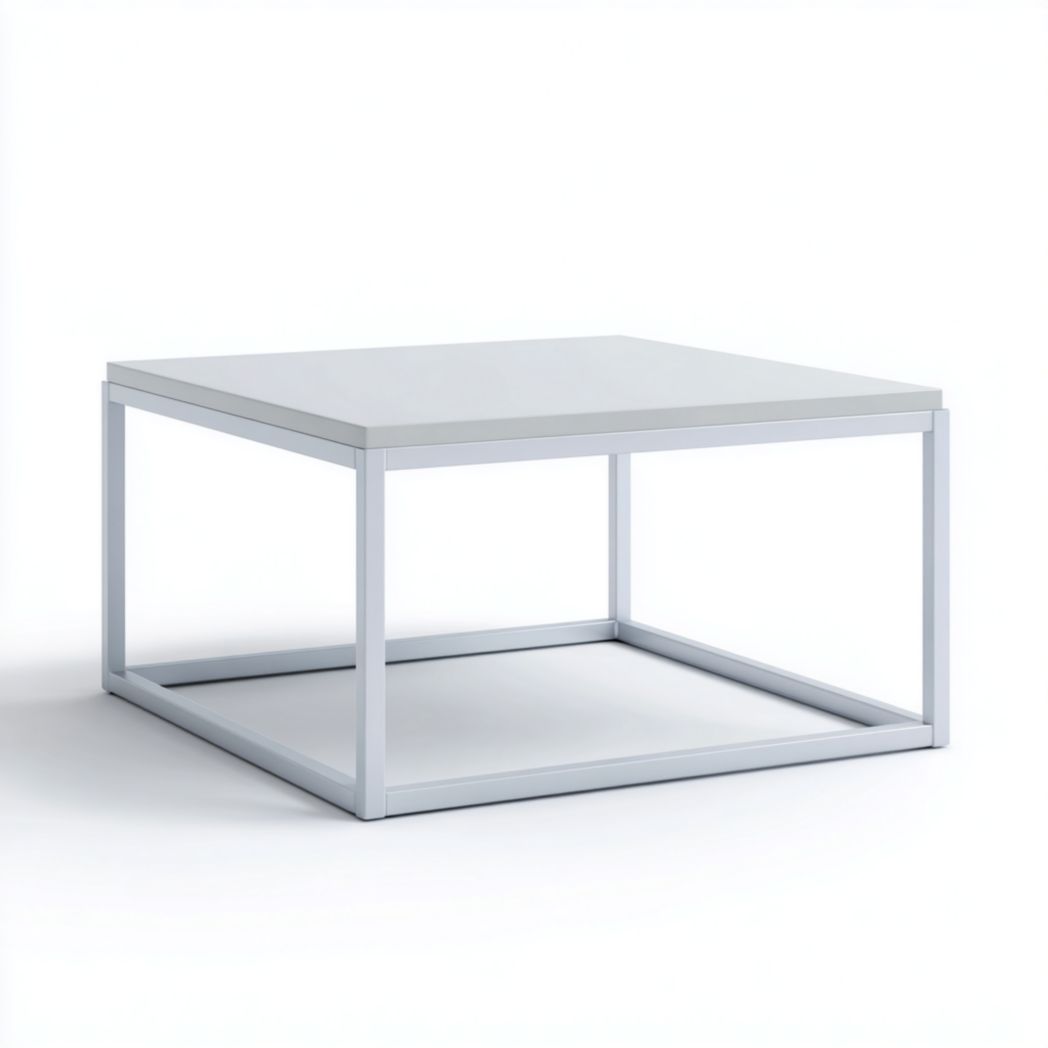 Table basse carrée plateau blanc et structure métallique argentée