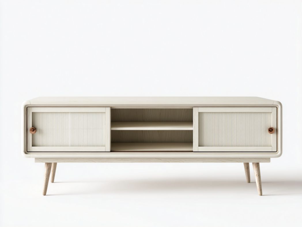 Meuble TV blanc cassé à deux portes coulissantes avec poignées rondes brun et étagères de rangement