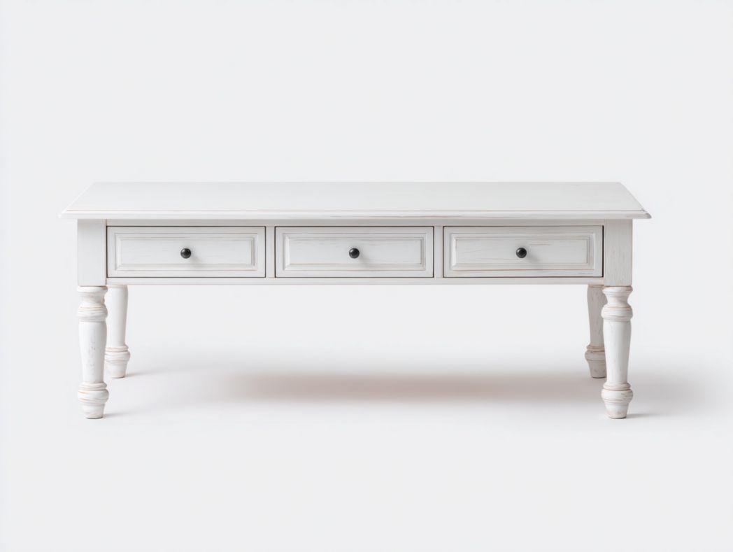 Meuble TV en bois blanc avec trois tiroirs, poignées rondes noires et pieds sculptés