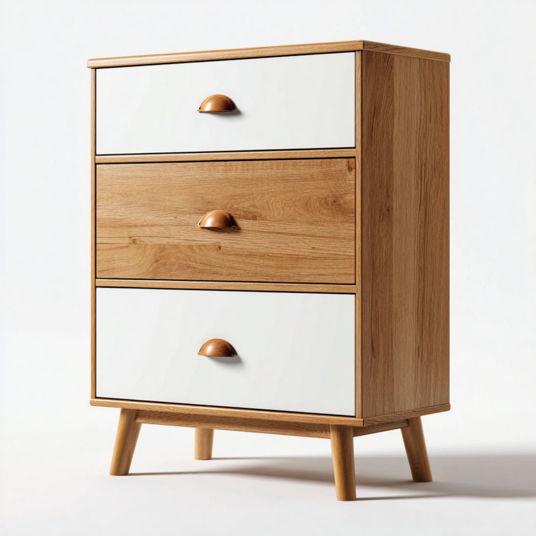 Commode blanche et brun clair à trois tiroirs avec pieds en bois