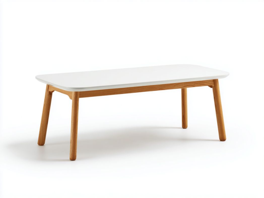 Table basse rectangulaire blanche avec pieds brun clair
