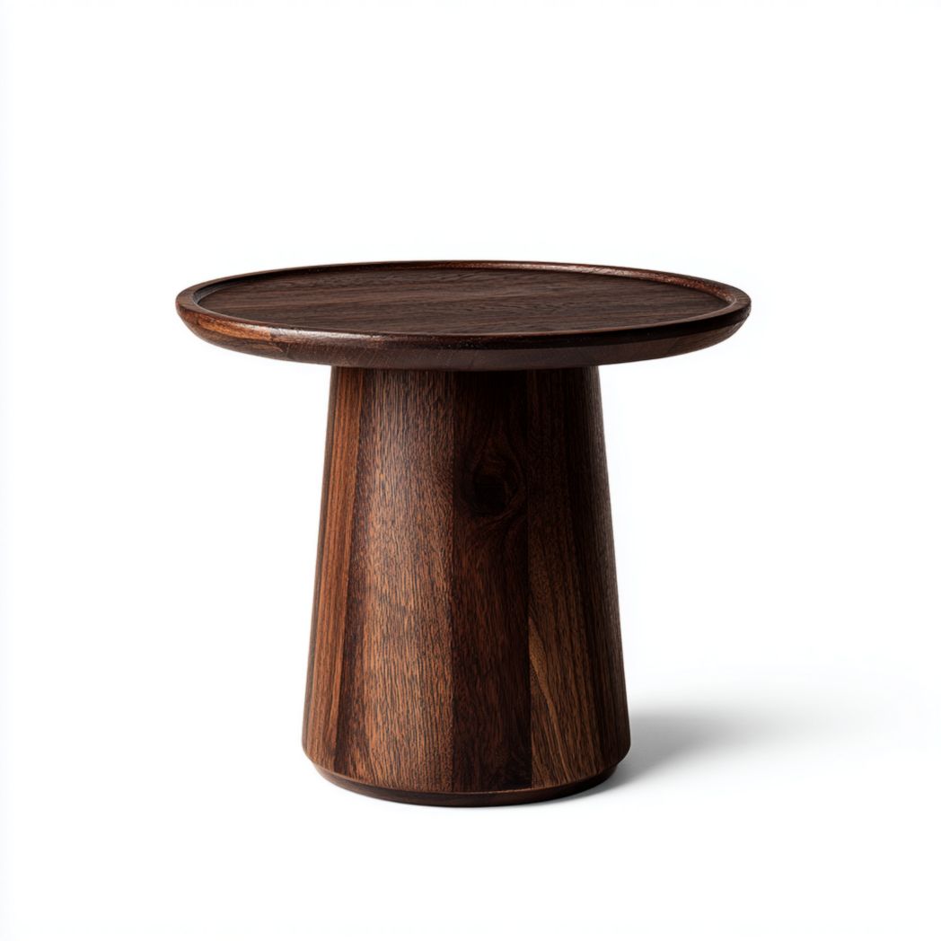 Table basse ronde en bois brun foncé avec base conique