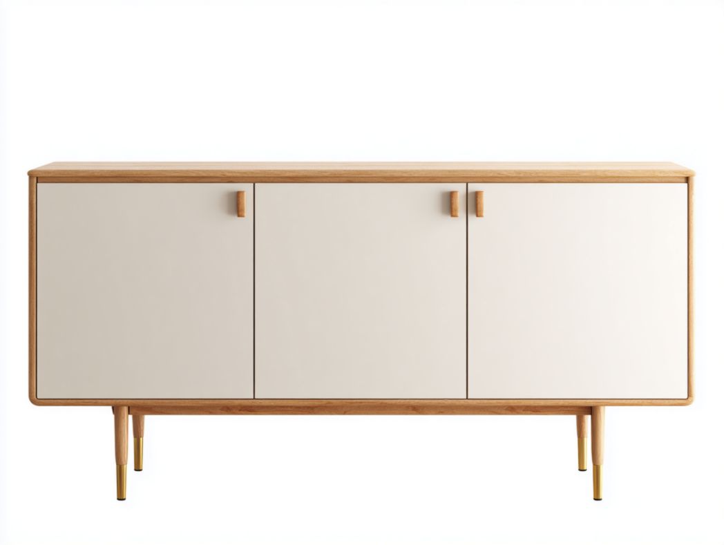 Meuble TV en bois brun clair avec portes beige et embouts dorés