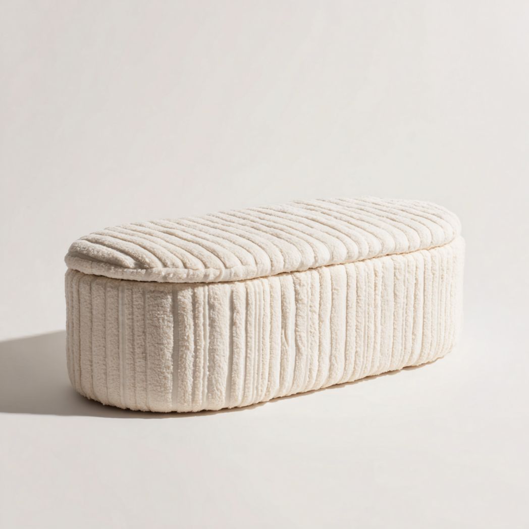 Banquette ovale de rangement en velours côtelé blanc cassé