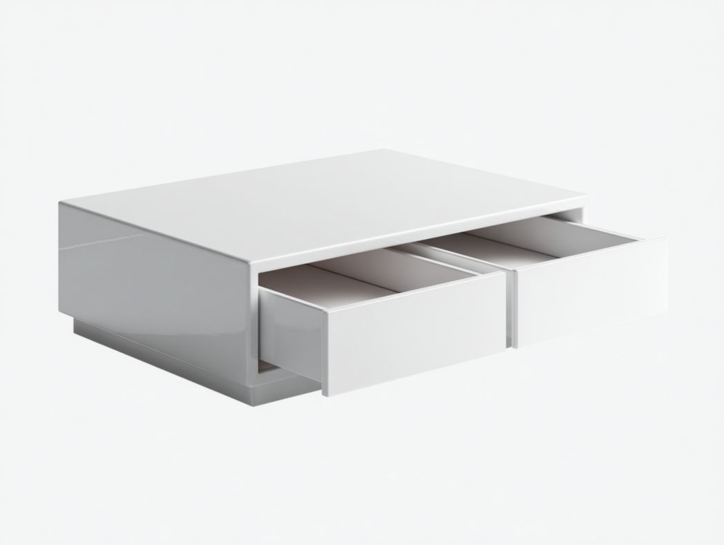 Table basse carrée blanche brillante avec deux tiroirs