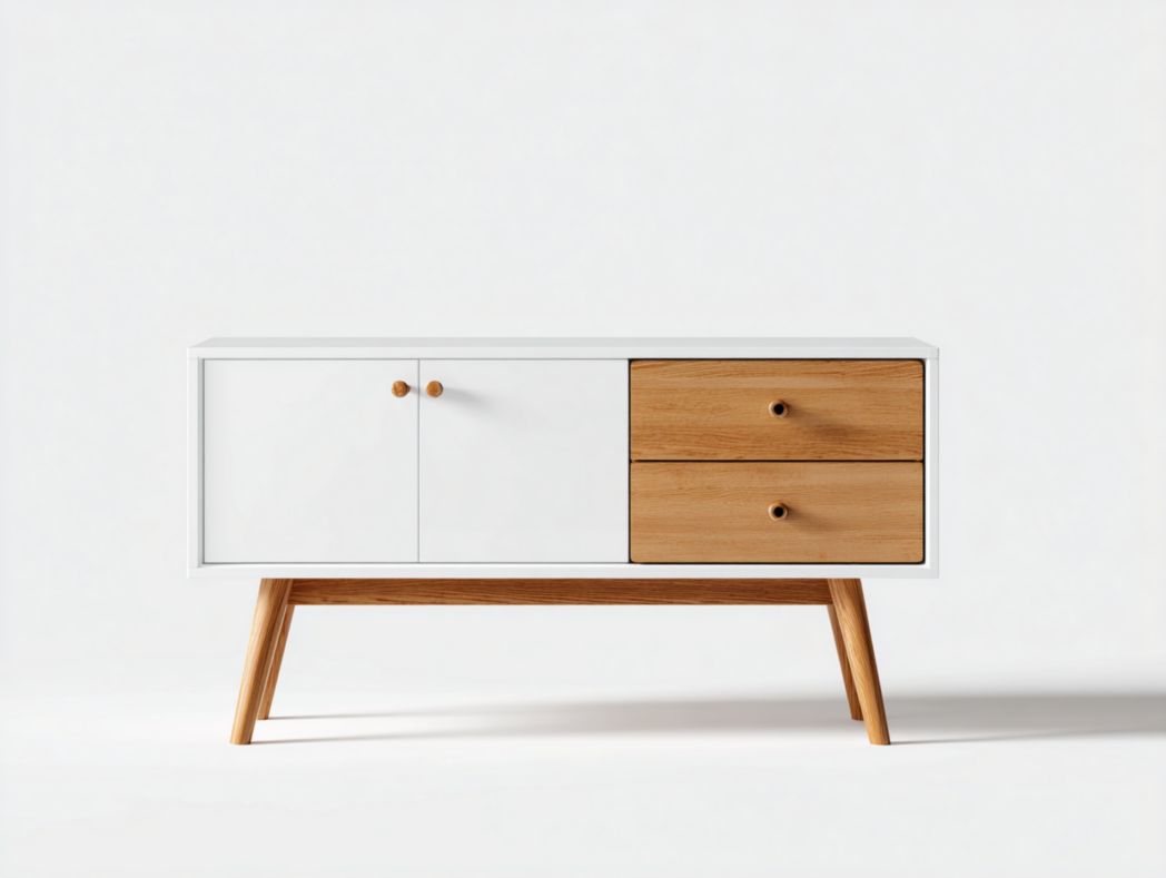 Meuble TV blanc et marron clair avec deux tiroirs et deux portes