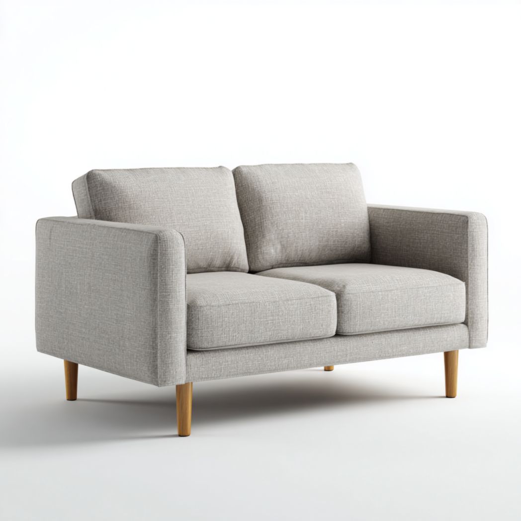 Canapé 2 places gris clair en tissu polyester mélangé dossier droit pieds en bois brun clair