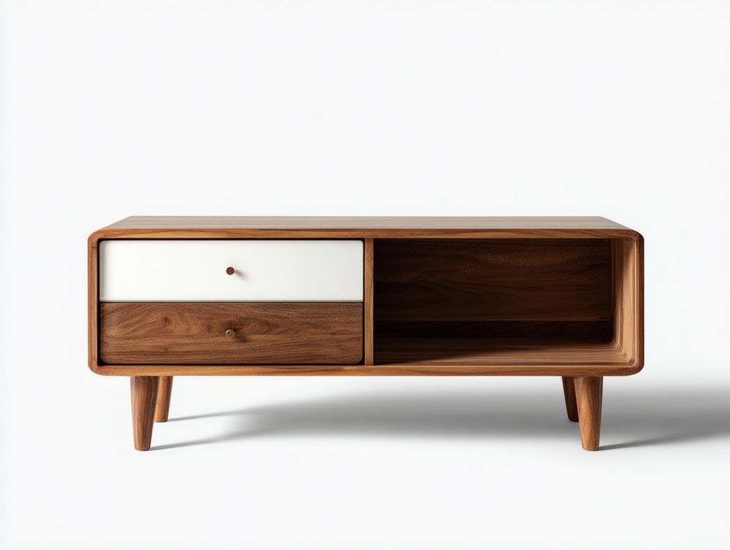 Meuble TV en bois brun avec tiroir blanc et espace de rangement ouvert