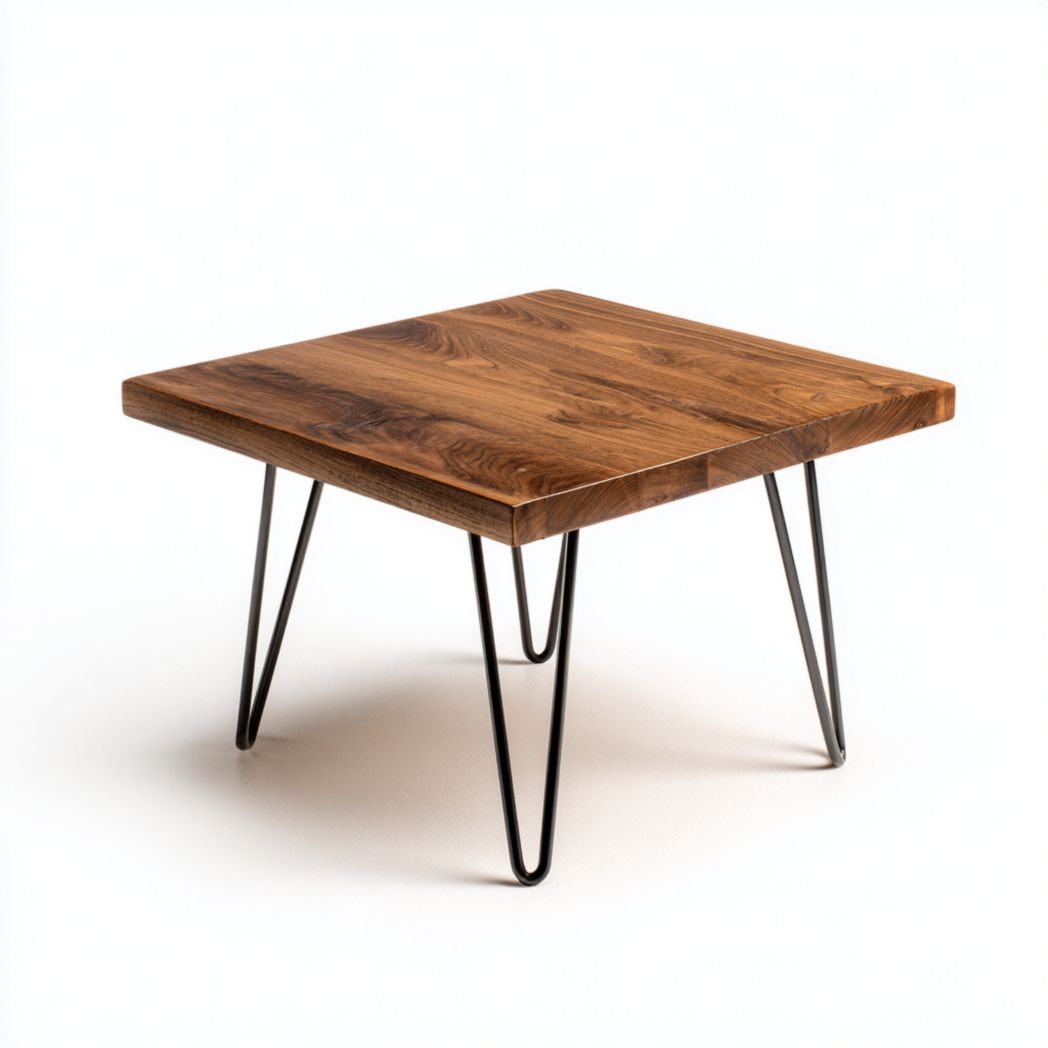 Table basse carrée en bois massif brun et pieds en métal noir