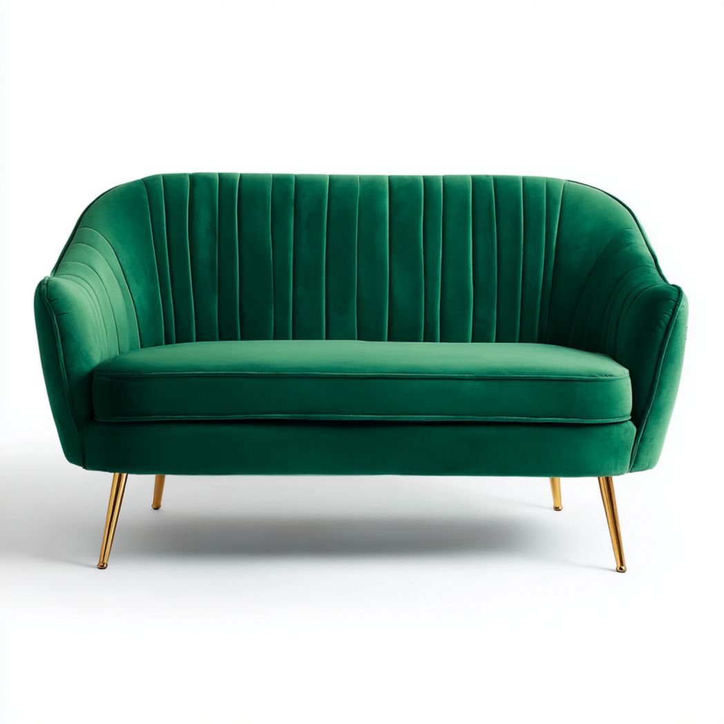 Canapé 2 places vert foncé en tissu velours dossier à coutures verticales pieds en métal doré
