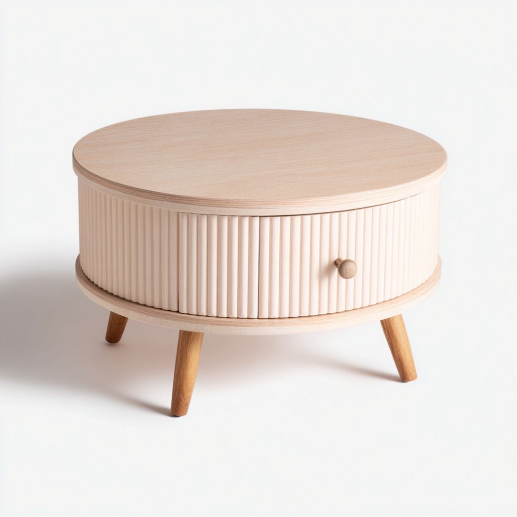 Table basse ronde avec tiroir, corps beige clair et pieds brun clair