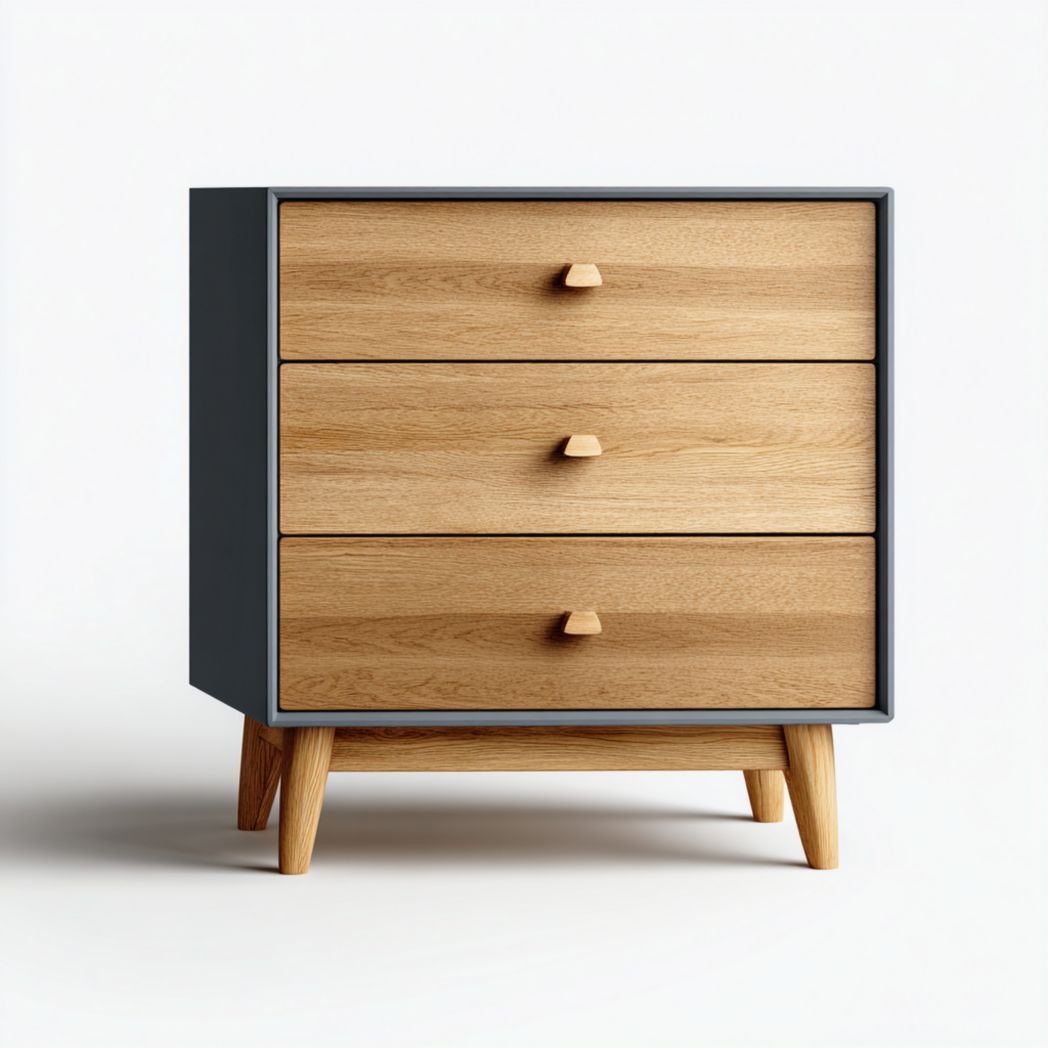 Commode brun clair à trois tiroirs avec structure gris foncé et pieds en bois