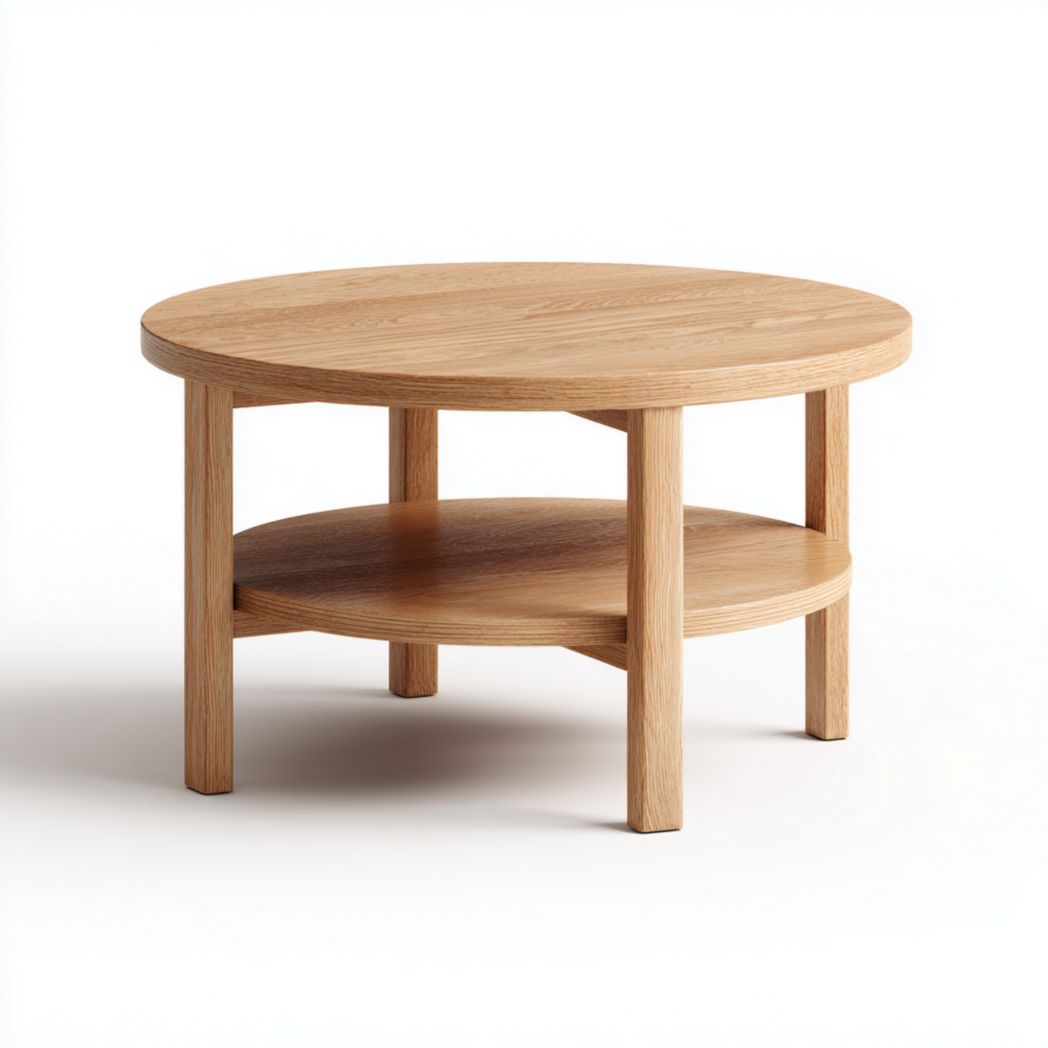 Table basse ronde en bois brun clair à deux niveaux