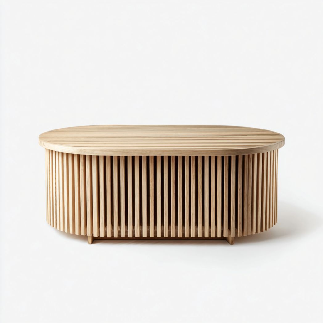 Table basse ovale brun clair avec base fermée à lattes