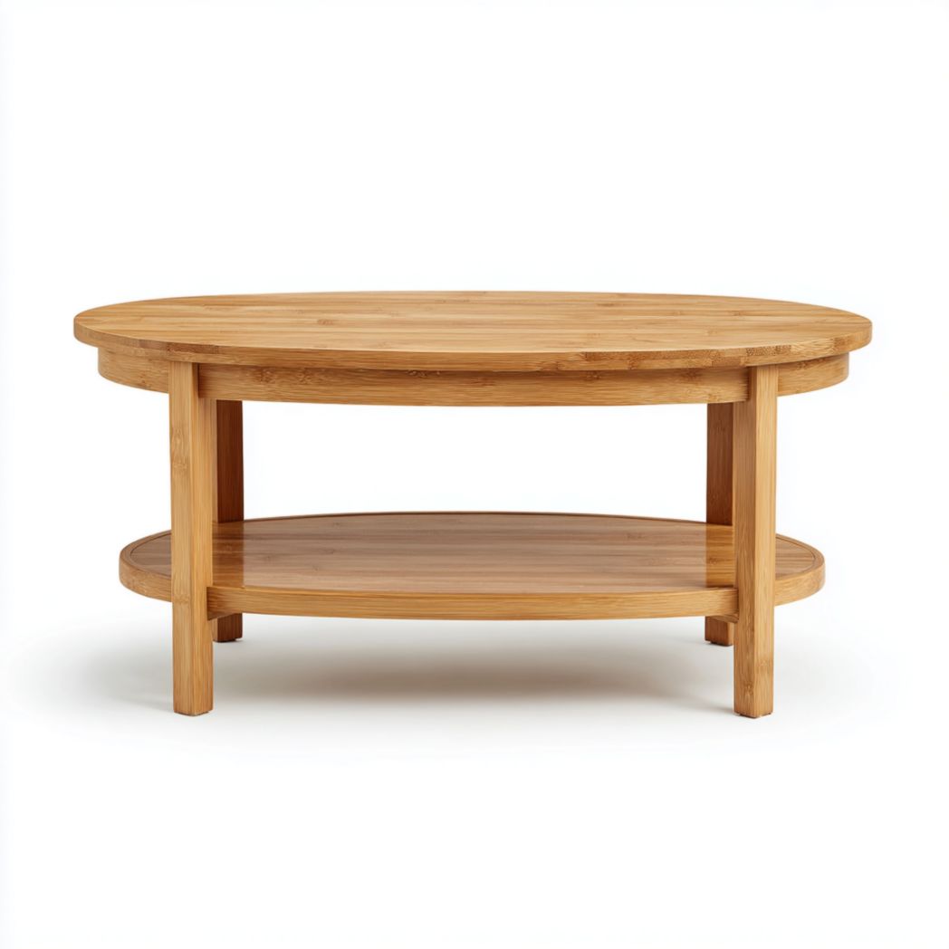 Table basse ovale en bois brun clair avec étagère inférieure