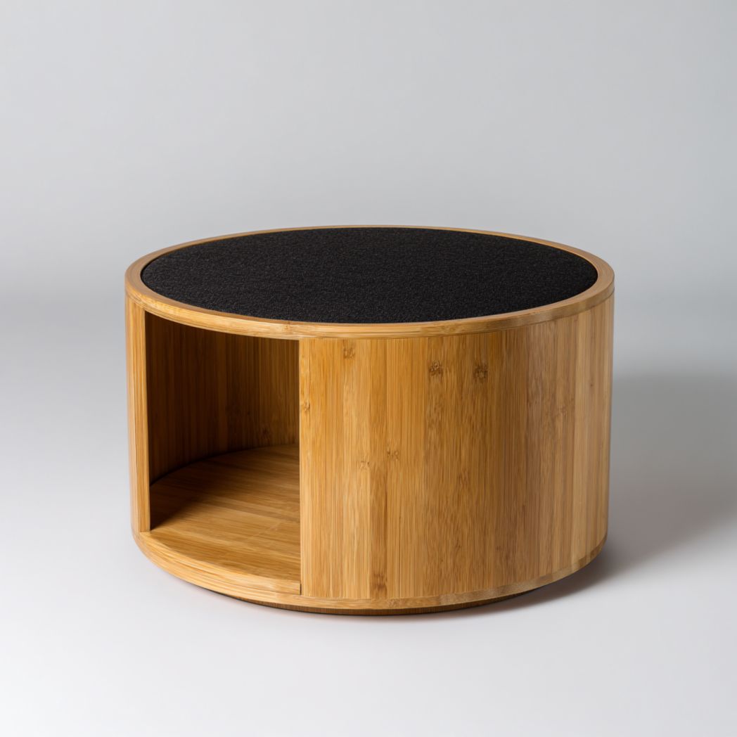 Table basse ronde en bambou avec plateau noir et compartiment de rangement