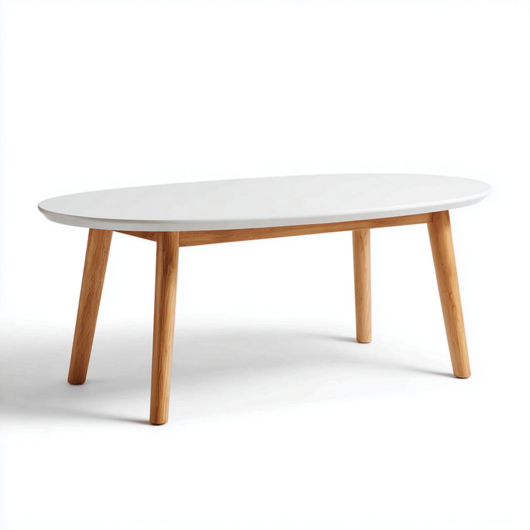 Table basse ovale plateau blanc et pieds brun clair