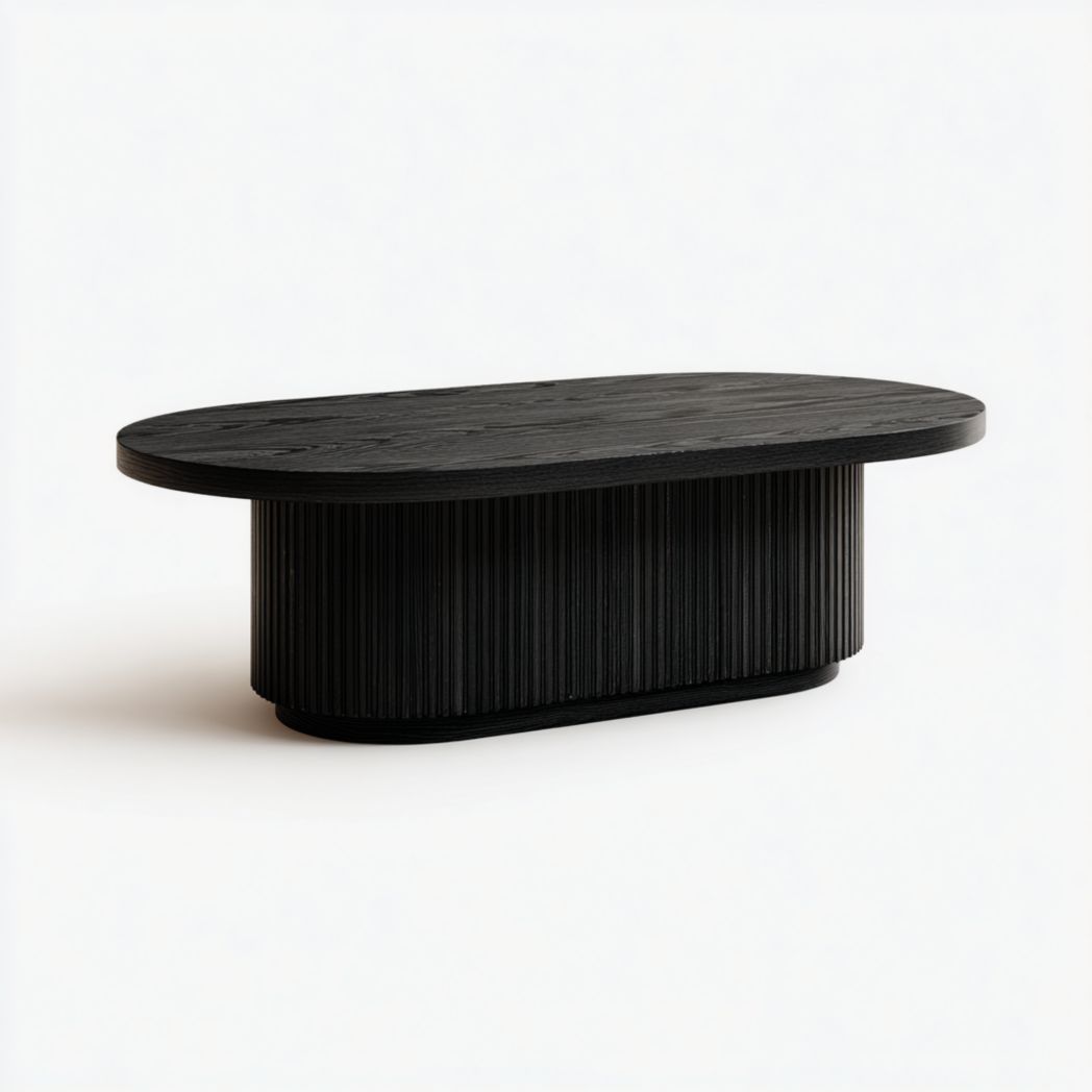 Table basse ovale noire avec base fermée à rainures verticales