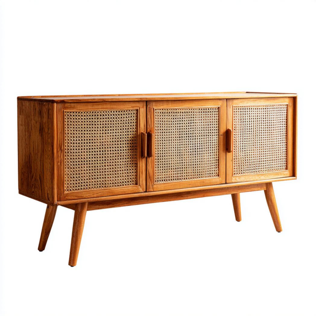 Buffet à trois portes en bois brun avec façades en rotin beige et pieds en bois