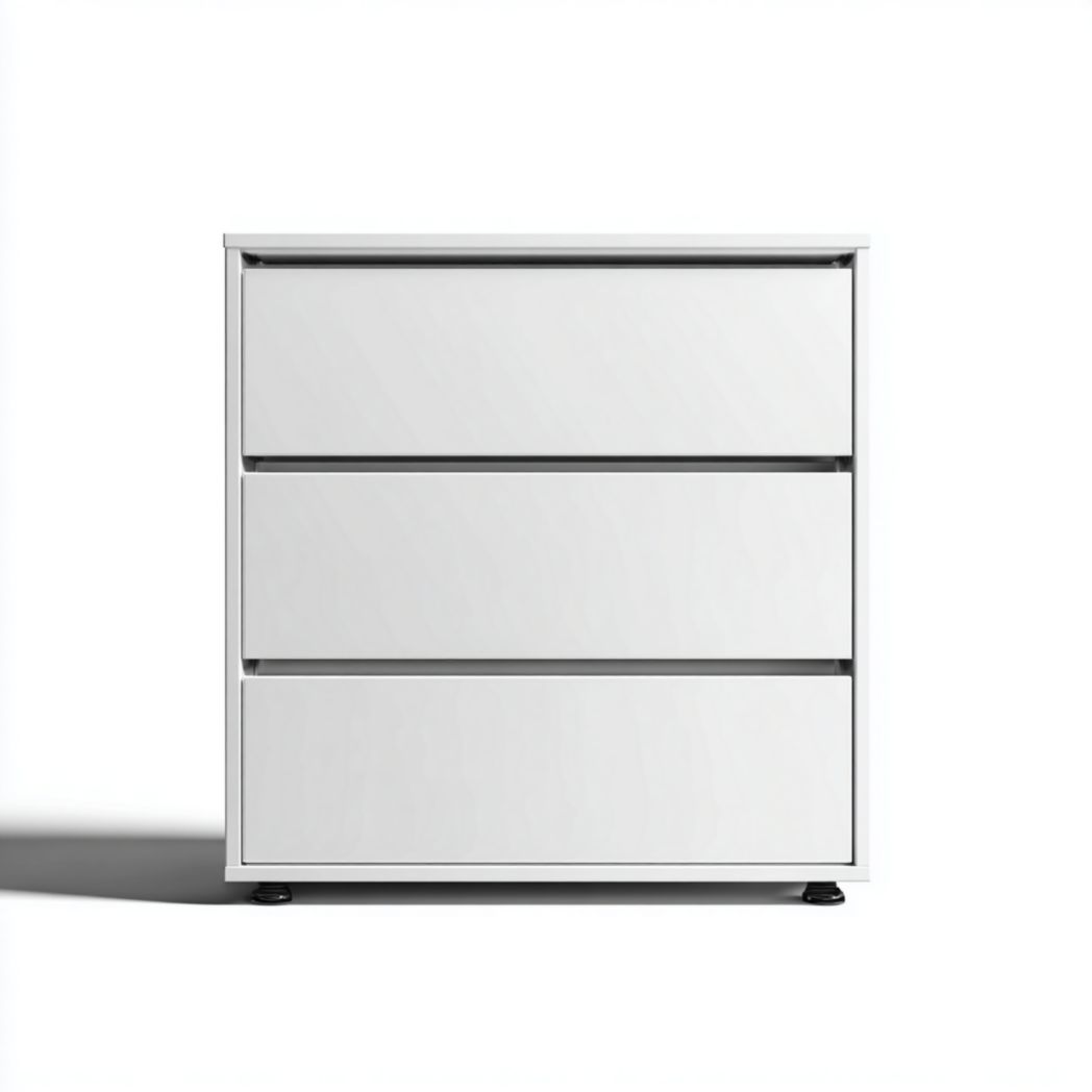 Commode blanche à trois tiroirs sans poignées avec petits pieds noirs