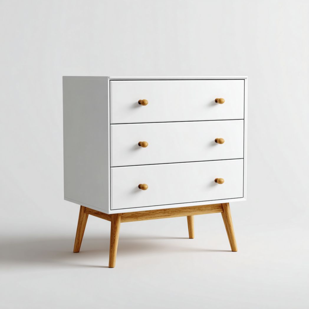 Commode blanche à trois tiroirs avec pieds en bois brun clair