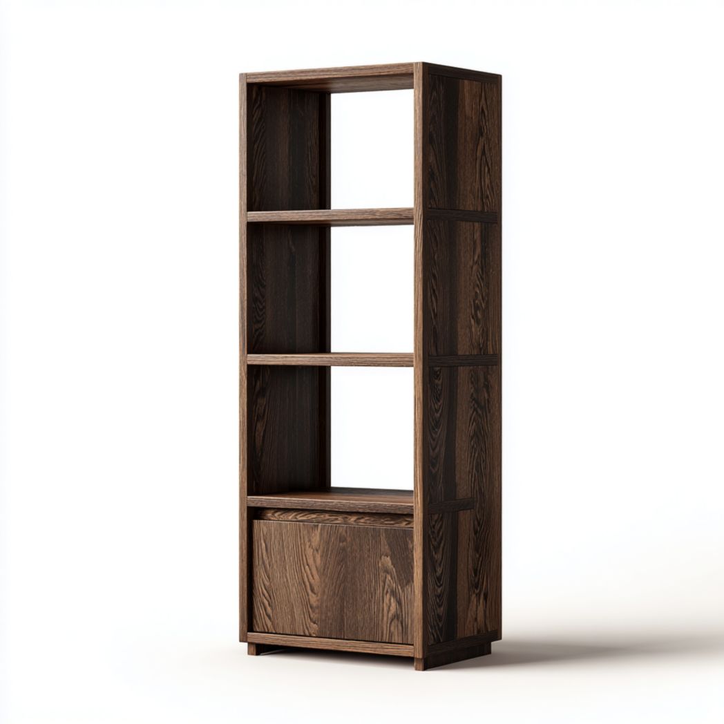 Bibliothèque de rangement à 4 niveaux en bois brun foncé avec armoire