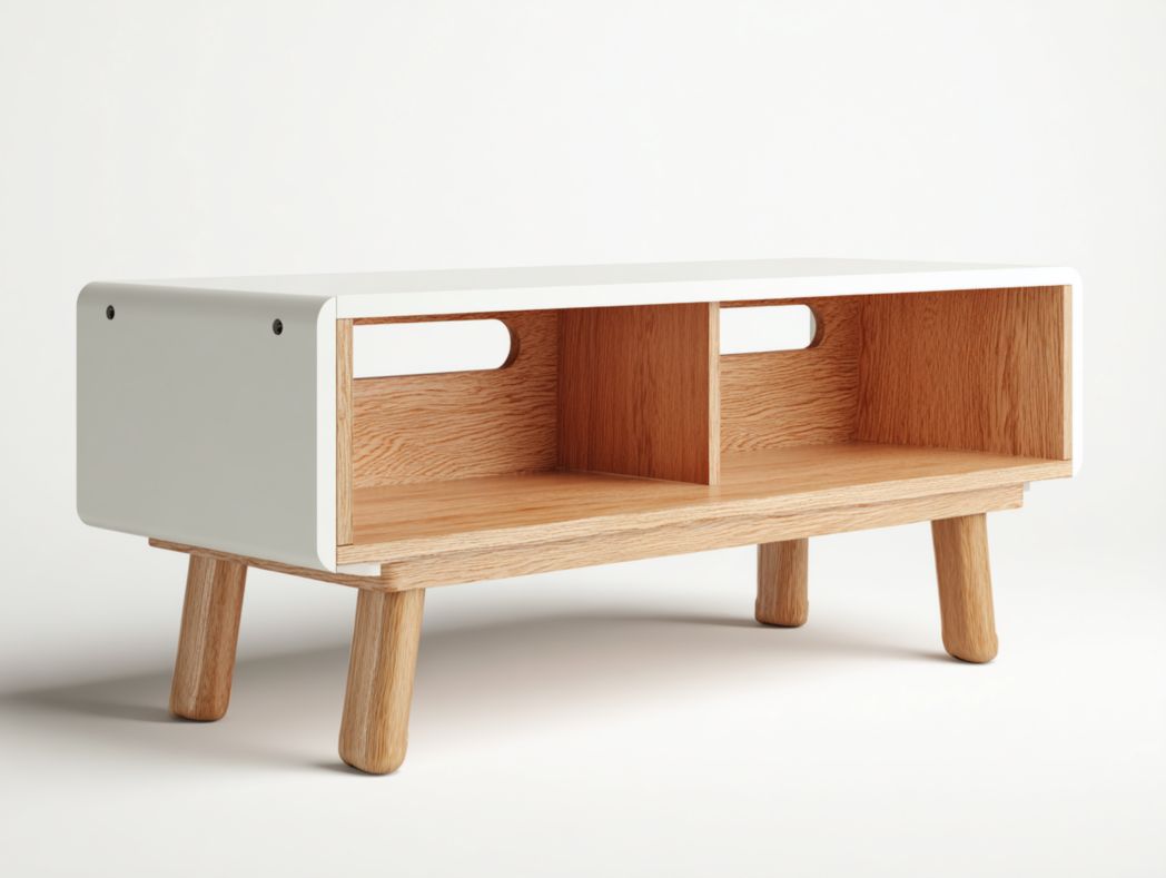 Meuble TV blanc cassé avec structure et pieds en bois brun clair, compartiments ouverts