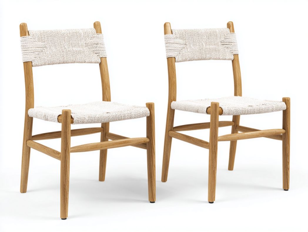Un ensemble de deux chaises en bois tressé blanc cassé, avec dossier et assise.