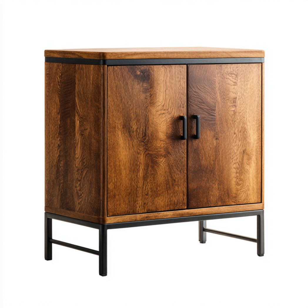 Buffet à deux portes en bois brun foncé avec structure et poignées métalliques noires