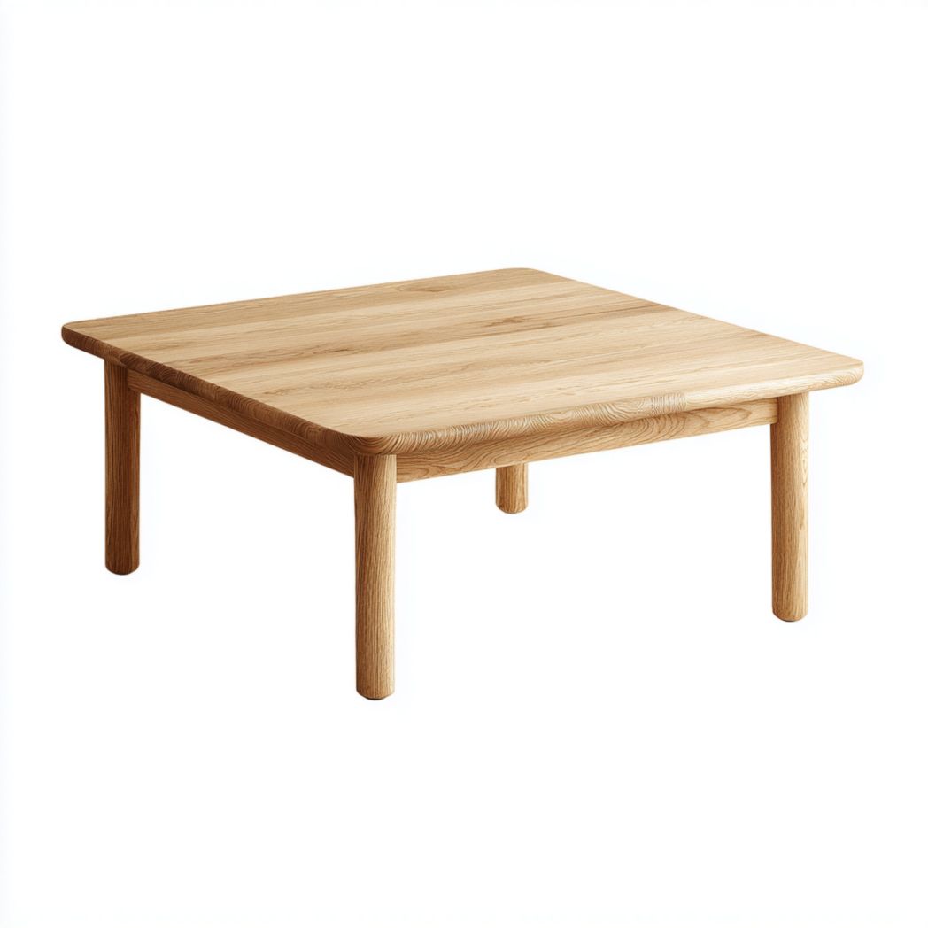 Table basse carrée en bois massif brun clair avec coins arrondis