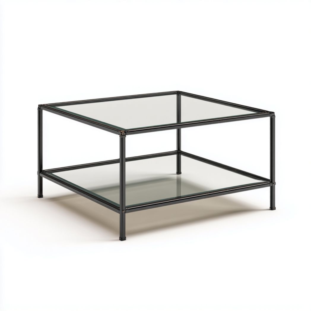 Table basse carrée avec structure en métal noir et plateaux en verre transparent