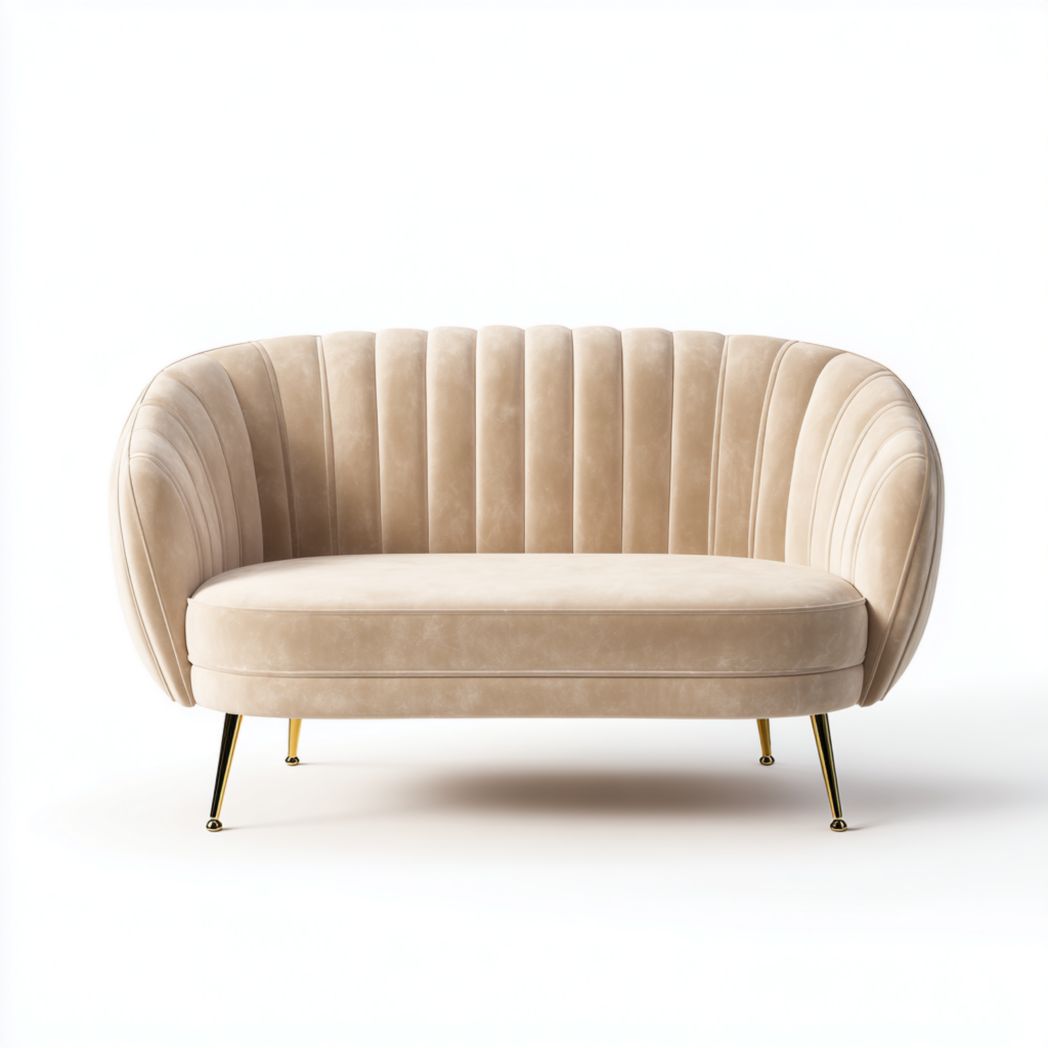 Canapé 2 places beige en tissu velours dossier à coutures verticales pieds en métal doré