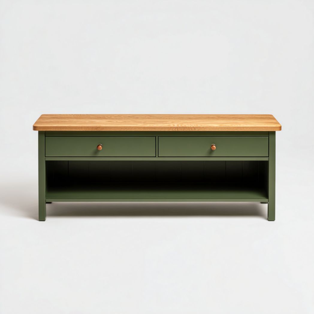 Meuble TV vert et brun clair à deux tiroirs avec poignées en bois