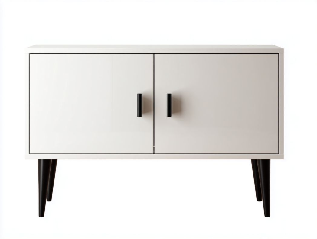 Meuble TV blanc cassé à deux portes avec poignées et pieds en métal noir
