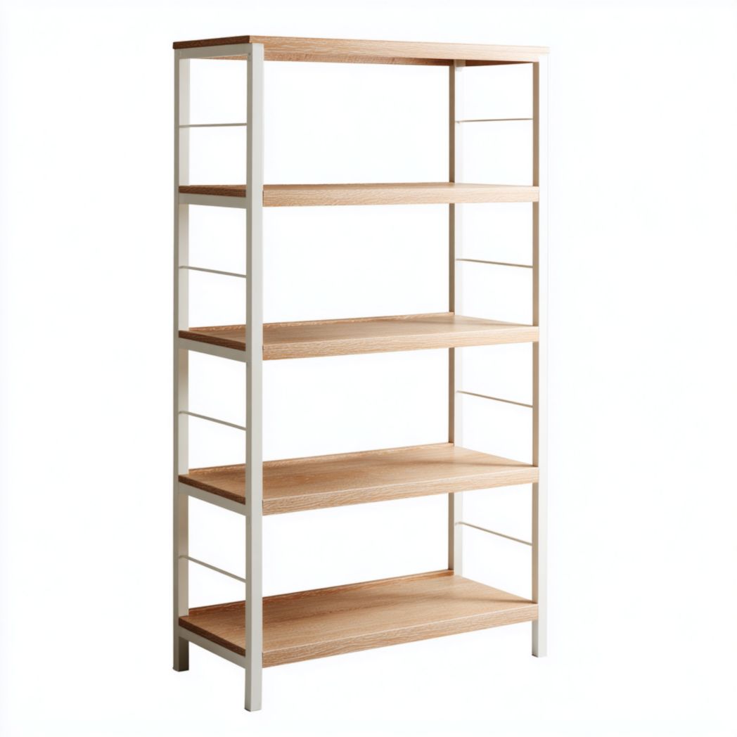 Bibliothèque à quatre niveaux en panneau MDF brun clair avec cadre en métal blanc