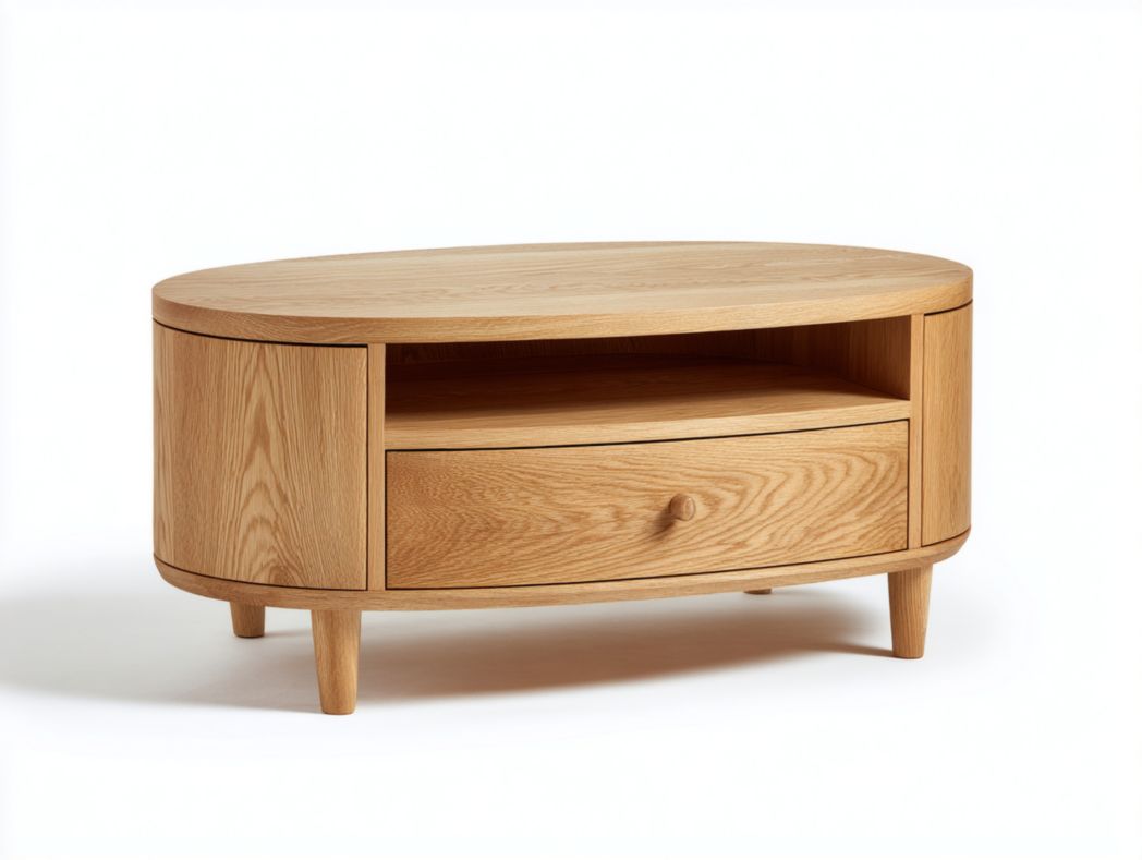 Meuble TV ovale brun clair avec tiroir et compartiment de rangement ouvert