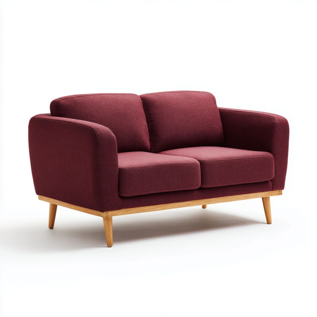 Canapé 2 places rouge bordeaux en tissu polyester mélangé accoudoirs arrondis pieds en bois brun clair