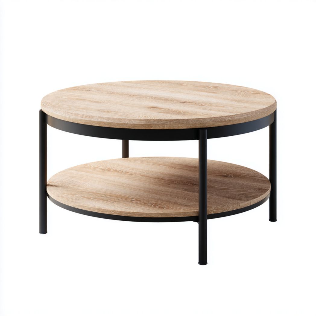 Table basse ronde à deux niveaux avec plateau brun clair et pieds en métal noir