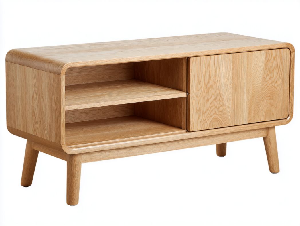 Meuble TV jaune clair en bois de chêne avec porte unique, deux étagères ouvertes et coins arrondis