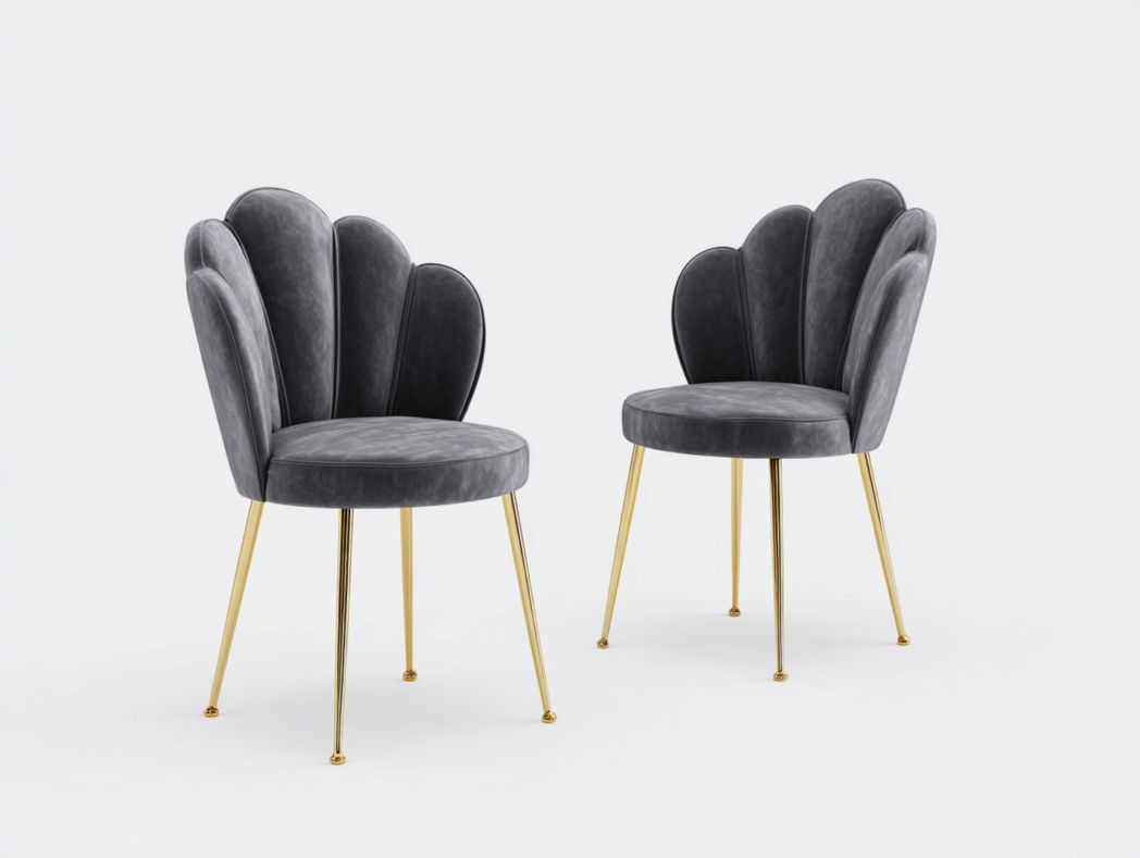 Lot de 2 chaises de salle à manger en velours gris avec dossier coquille et pieds dorés
