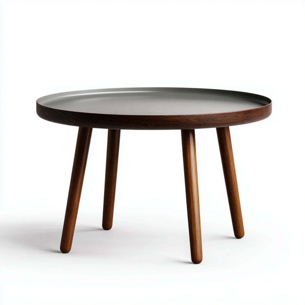 Table basse ronde avec plateau gris et pieds bruns