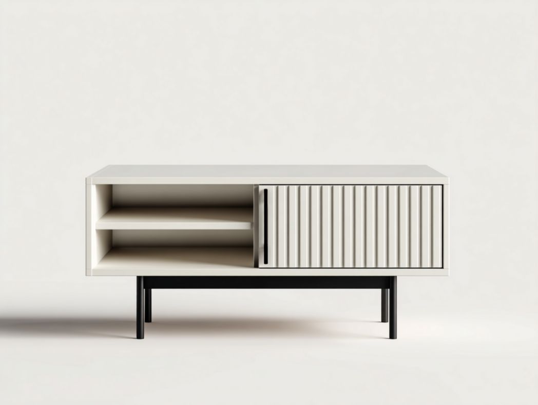 Table basse blanc cassé avec porte coulissante et compartiments ouverts