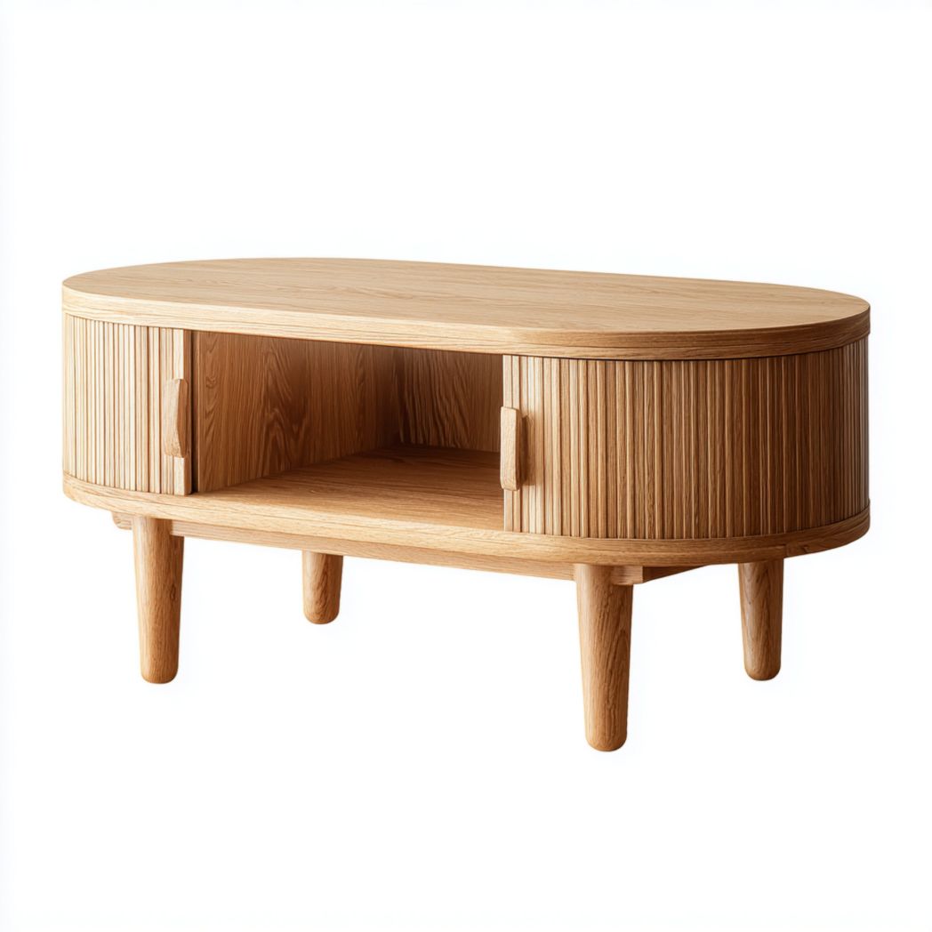 Table basse ovale en bois brun clair avec porte à rainures et compartiment de rangement