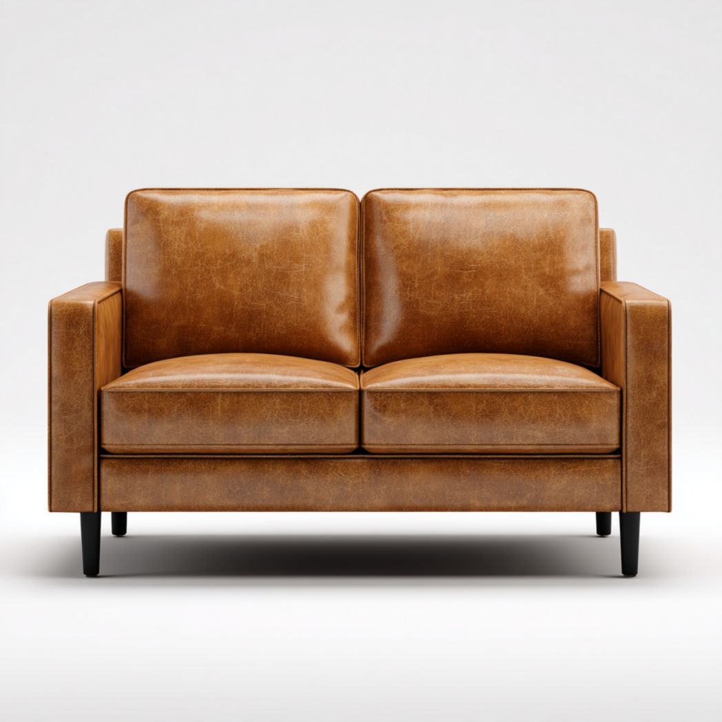 Canapé 2 places en cuir synthétique brun clair avec pieds noirs