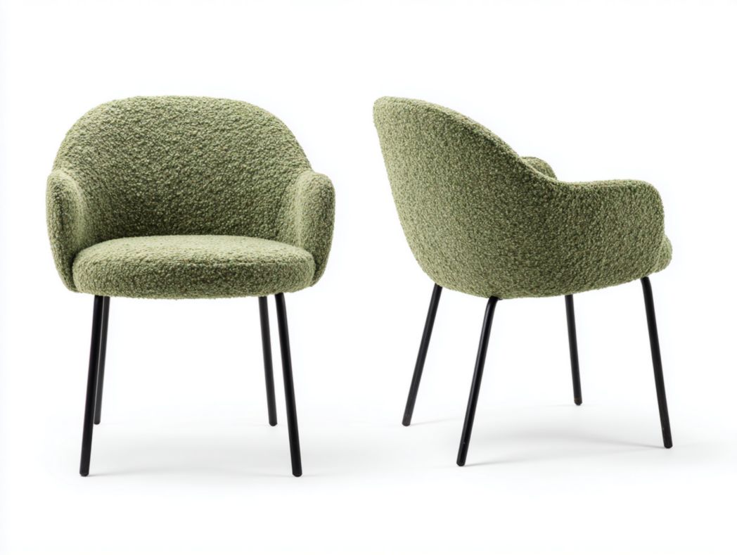 Lot de 2 chaises de salle à manger en bouclé vert clair avec pieds en métal noir