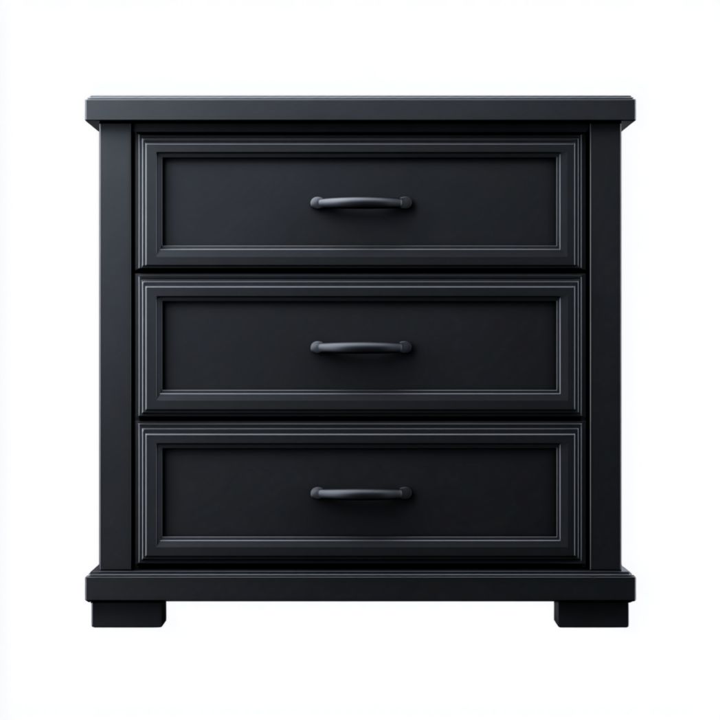 Commode noire à trois tiroirs avec poignées en métal noir